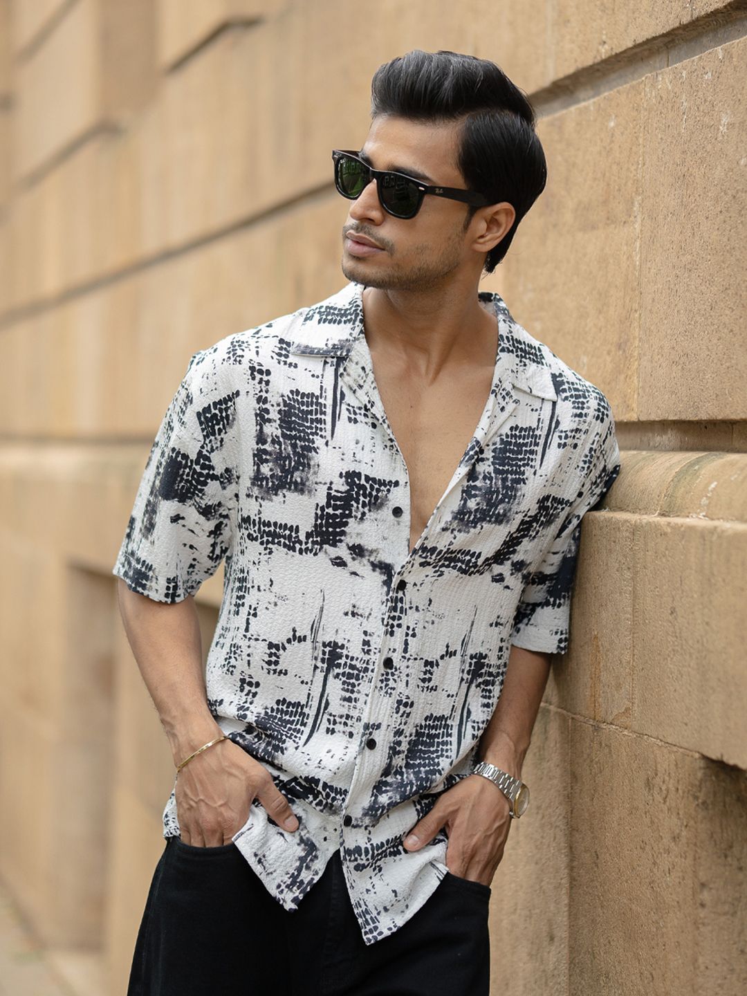 Powerlook Men Oversized Fit Abstract Printed Cuban Collar Casual Shirt