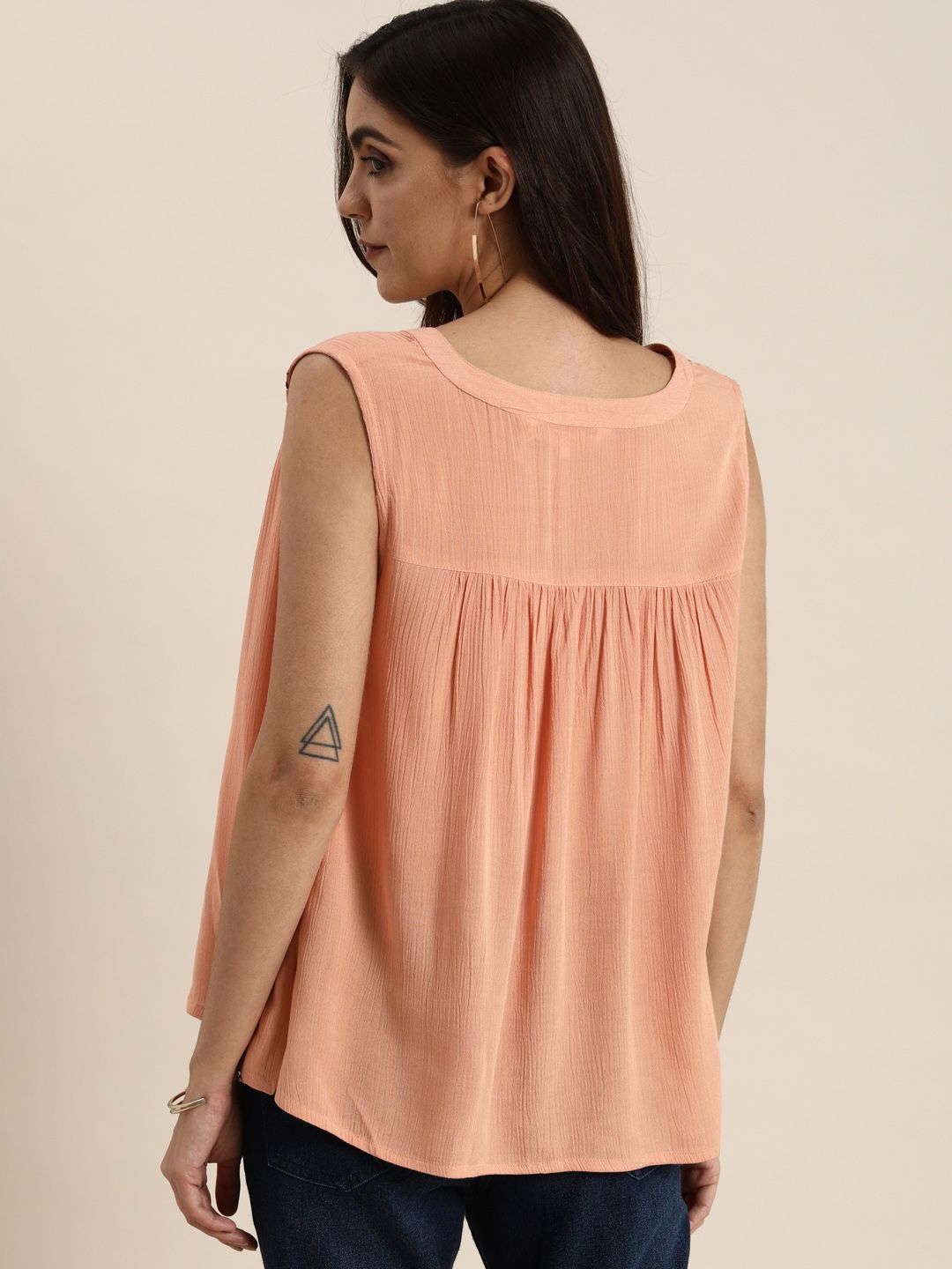 all about you Coral Pink Embroidered Mandarin Collar Regular Top