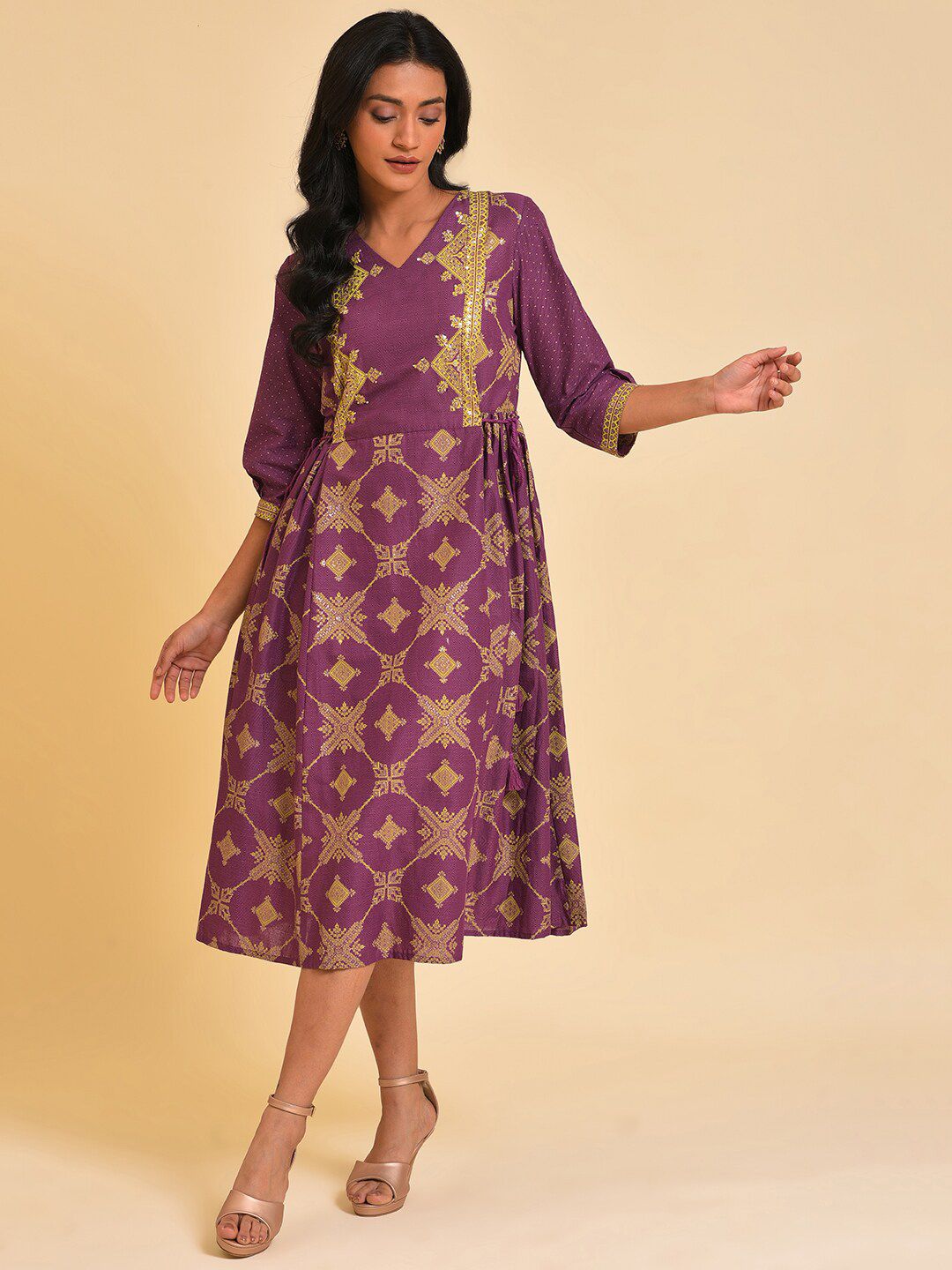 W Purple Ethnic Motifs Print Pure Cotton Fit & Flare Ethnic Midi Dress
