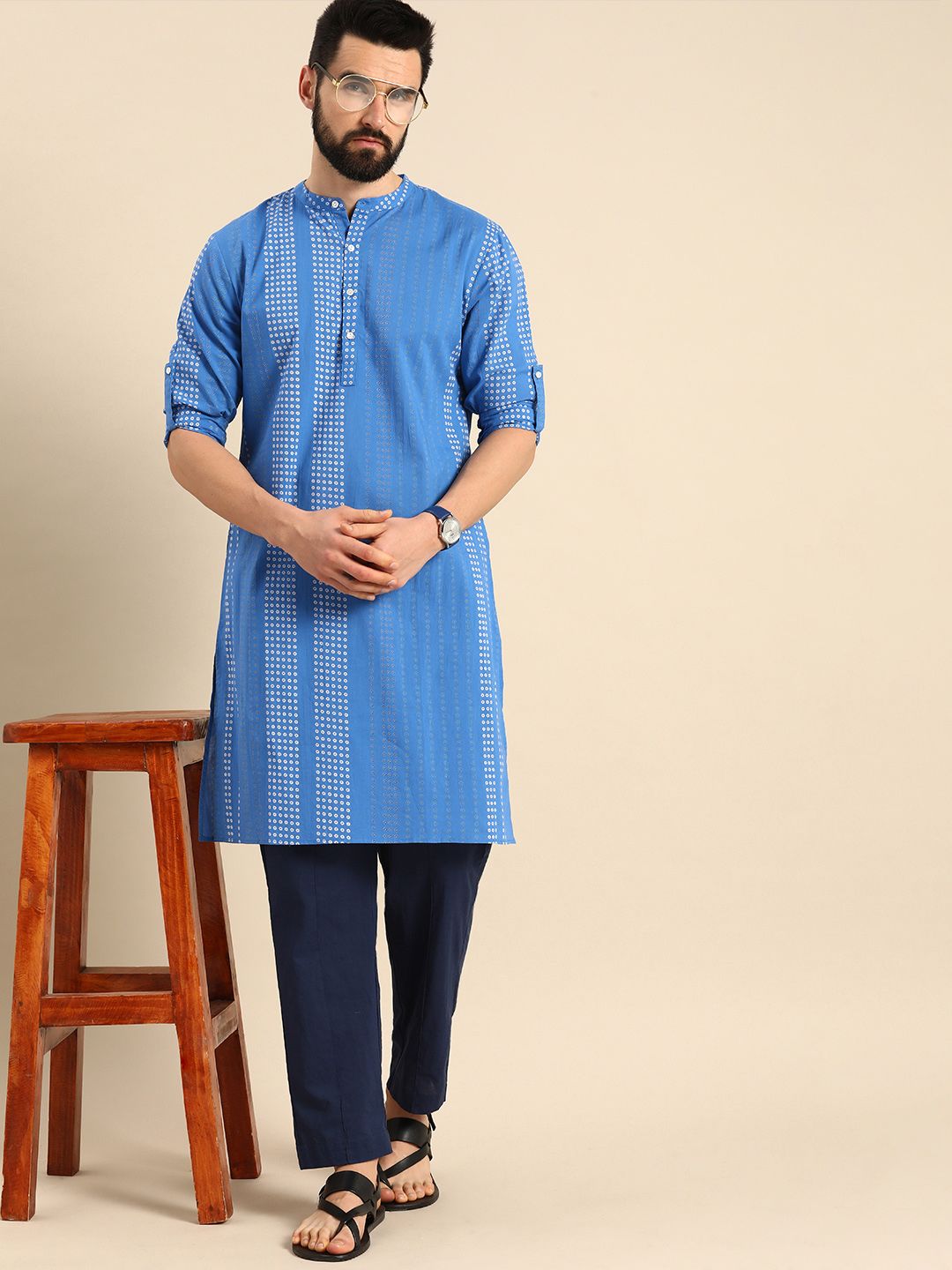 Anouk Men Blue Bandhani Printed Pure Cotton Kurta