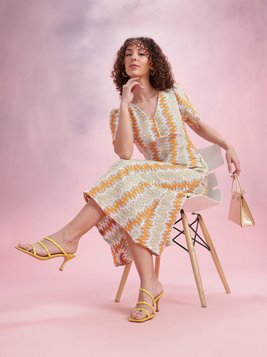 DressBerry Crochet Flared Sleeve A-Line Midi Dress