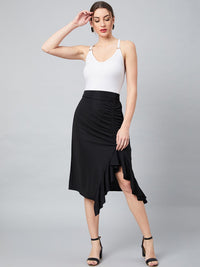Athena Black A-Line Midi Skirt With Front Frill Detail