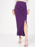 SASSAFRAS Ribbed Front Slit Ruched Pencil Midi Skirt