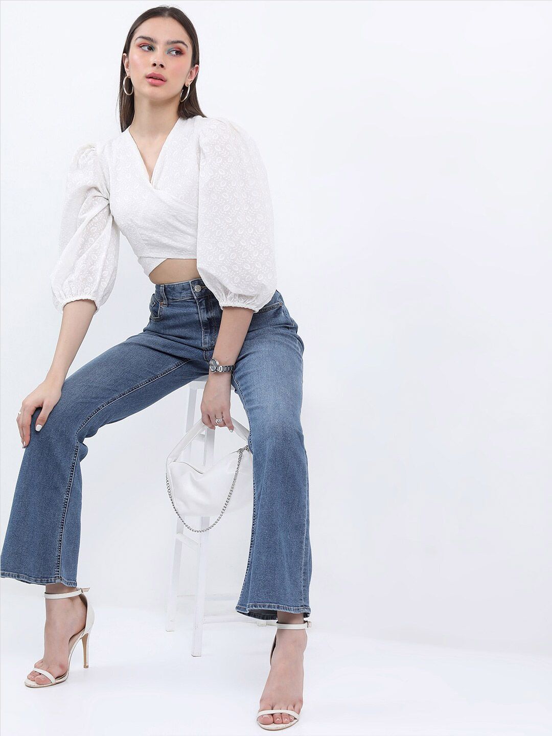 Tokyo Talkies Floral Embroidered V-Neck Puff Sleeve Wrap Crop Top