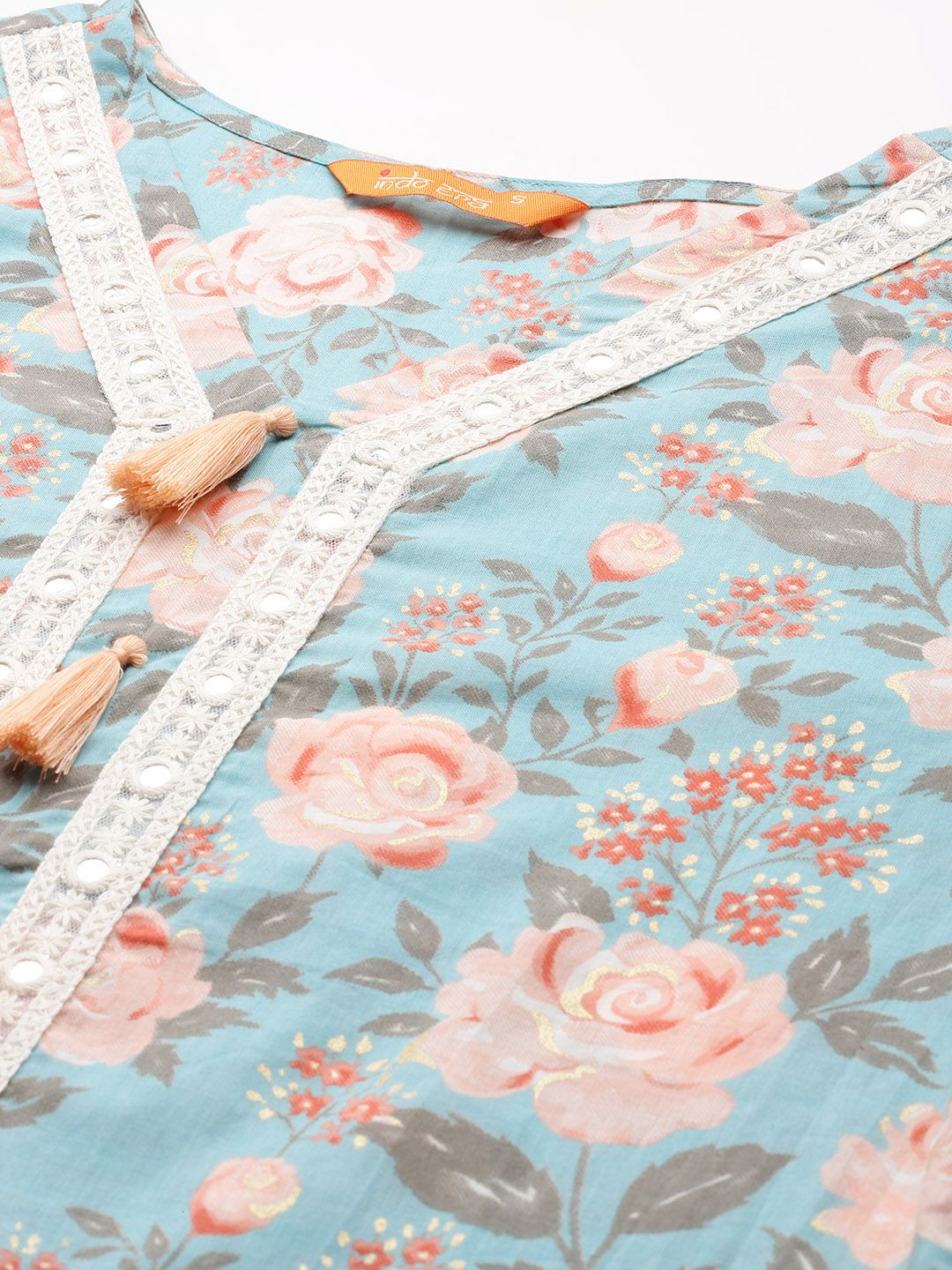 Indo Era Women Floral Printed Regular Mirror Work Pure Cotton Kurta with Trousers & With Dupatta