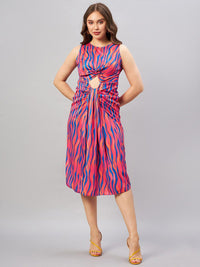 Antheaa Blue Abstract Printed Cut-Out A-Line Midi Dress