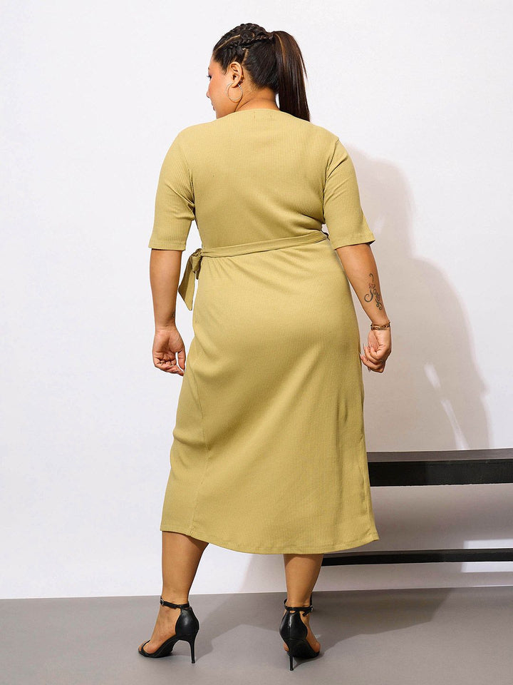 SASSAFRAS Curve Plus Size V-Neck Tie-Ups Detail Wrap Midi Dress