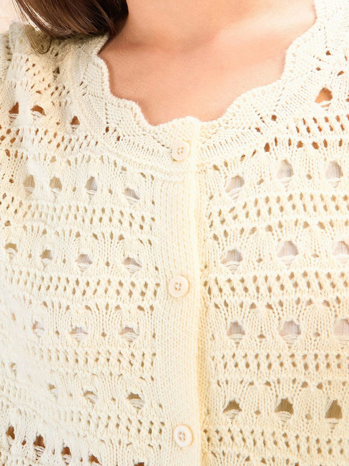 SASSAFRAS Self Design Round Neck Crochet Shirt Style Top