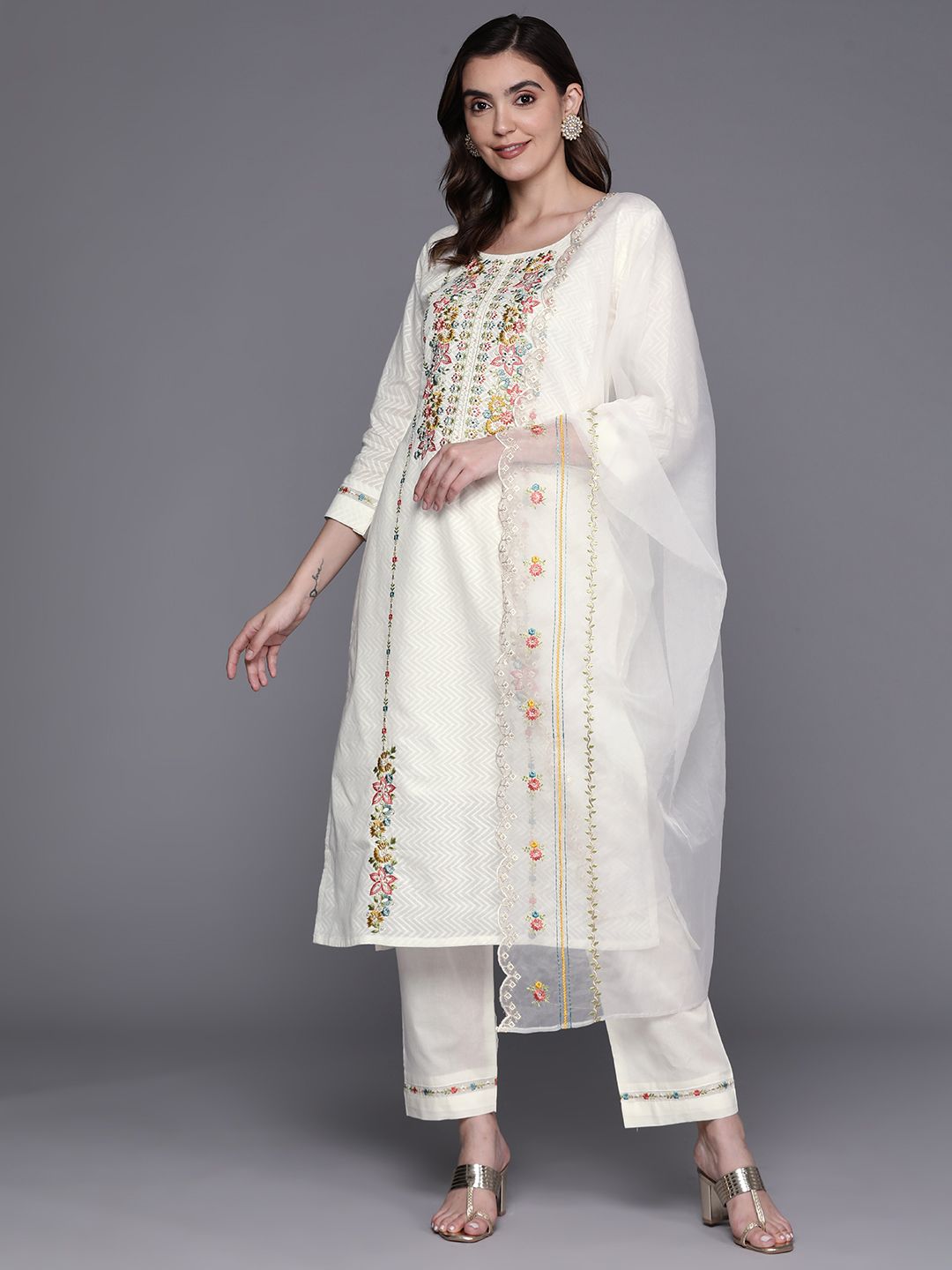 Indo Era Women Embroidered Thread Work Pure Cotton Kurta with Trousers & With Dupatta