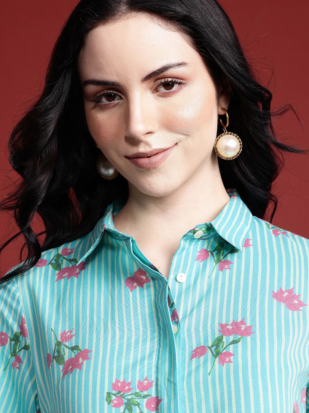 Anouk Floral Print Pleated Tasseled Shirt Collar Pure Cotton Ethnic Dress