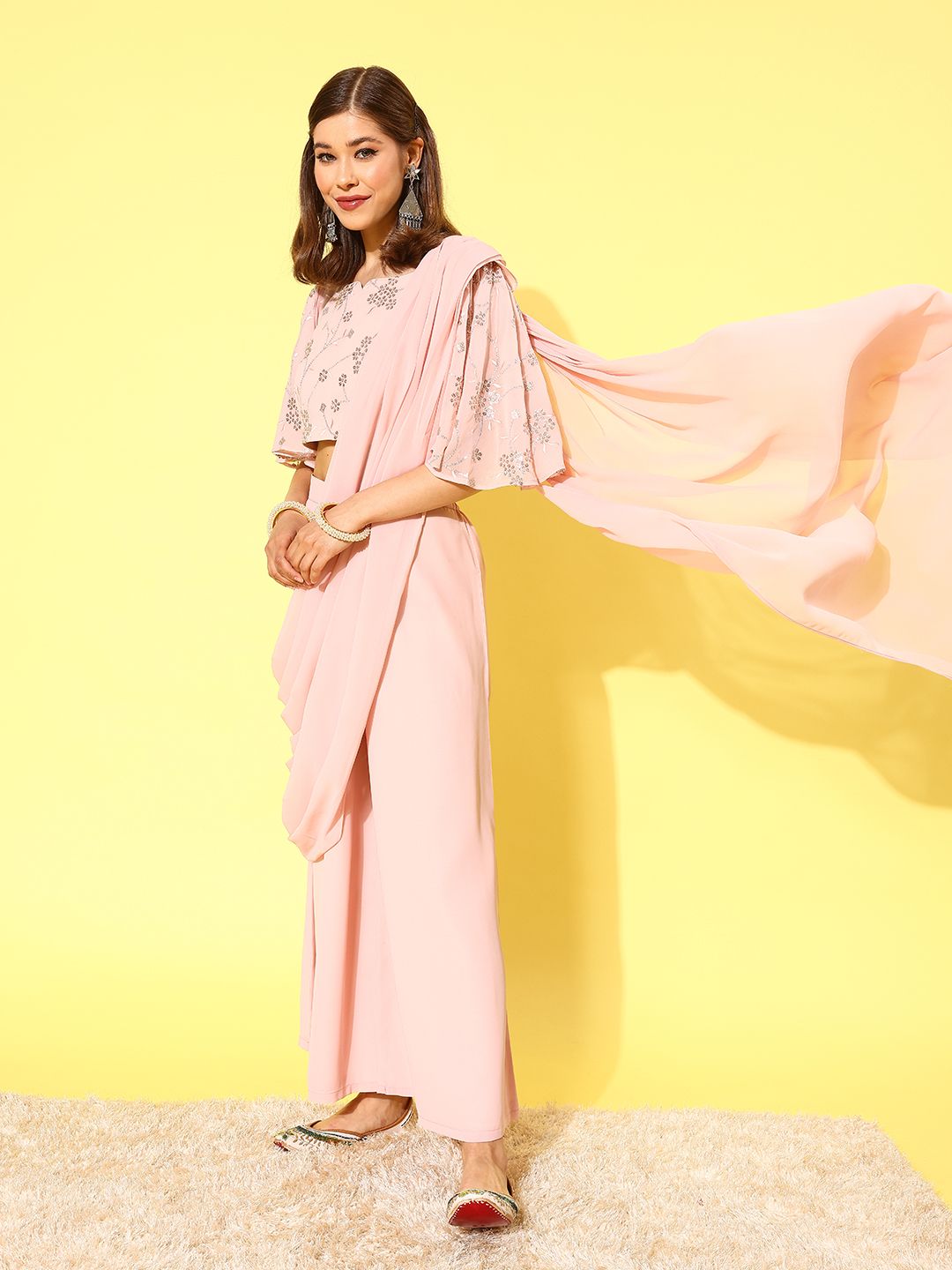 Libas Pink Floral Embroidered Pure Georgette Palazzo Saree