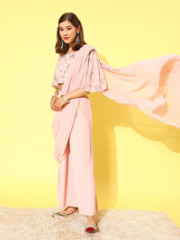 Libas Pink Floral Embroidered Pure Georgette Palazzo Saree