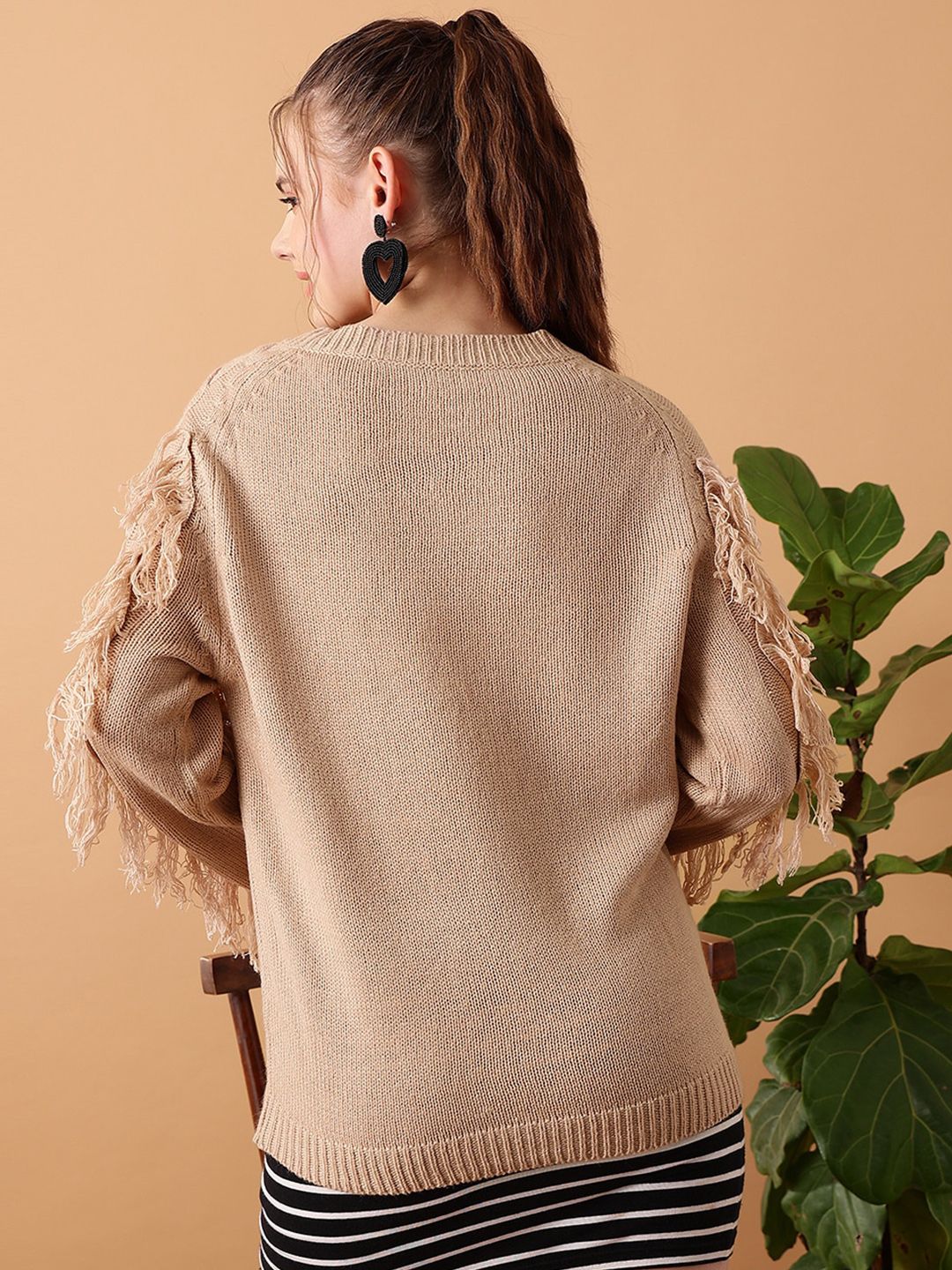 STREET 9 Cable Knit Self Design Fringed Detail Acrylic Pullover Sweater