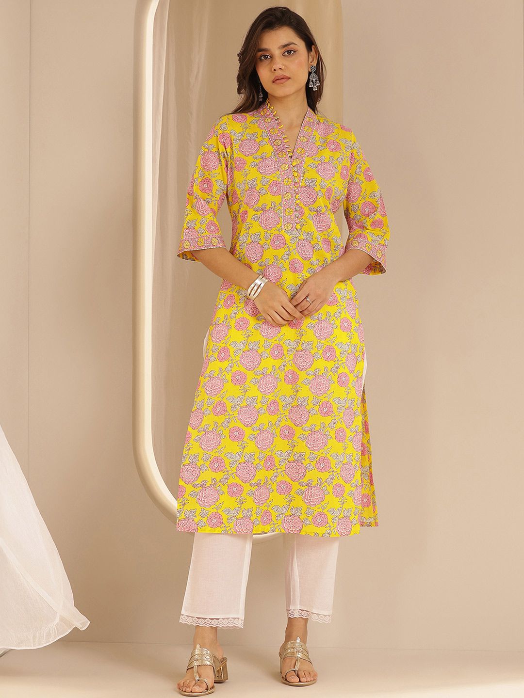 Libas Floral Printed V Neck Cotton Straight Kurta