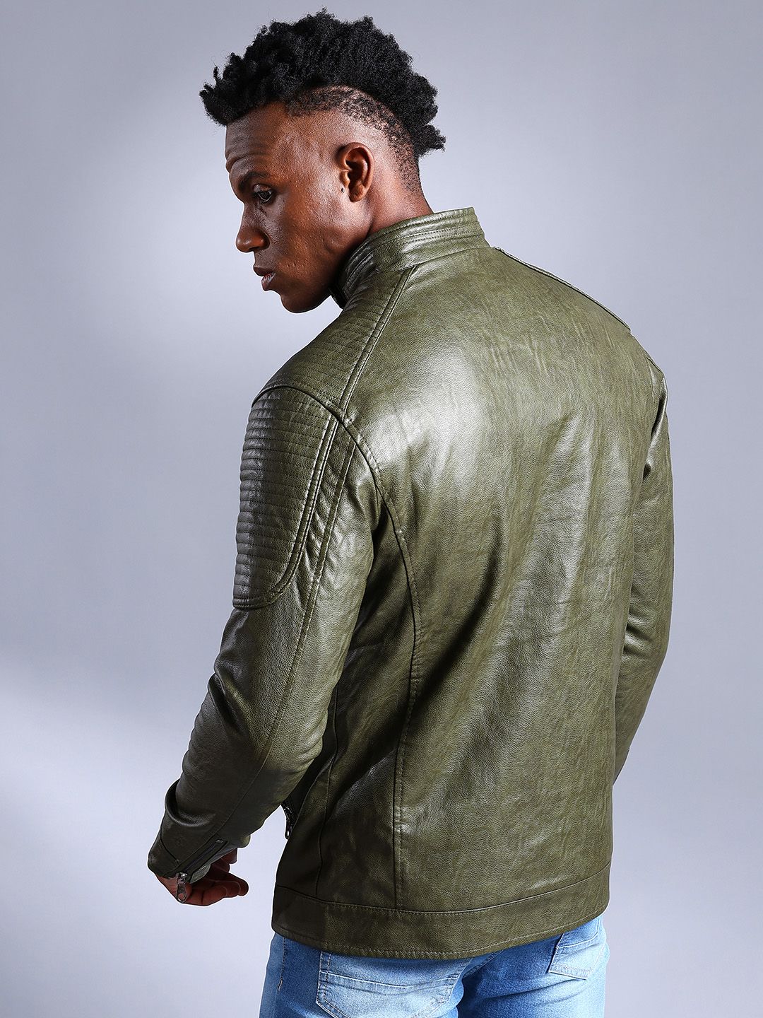 The Indian Garage Co Men Olive Green Solid Faux Biker Jacket