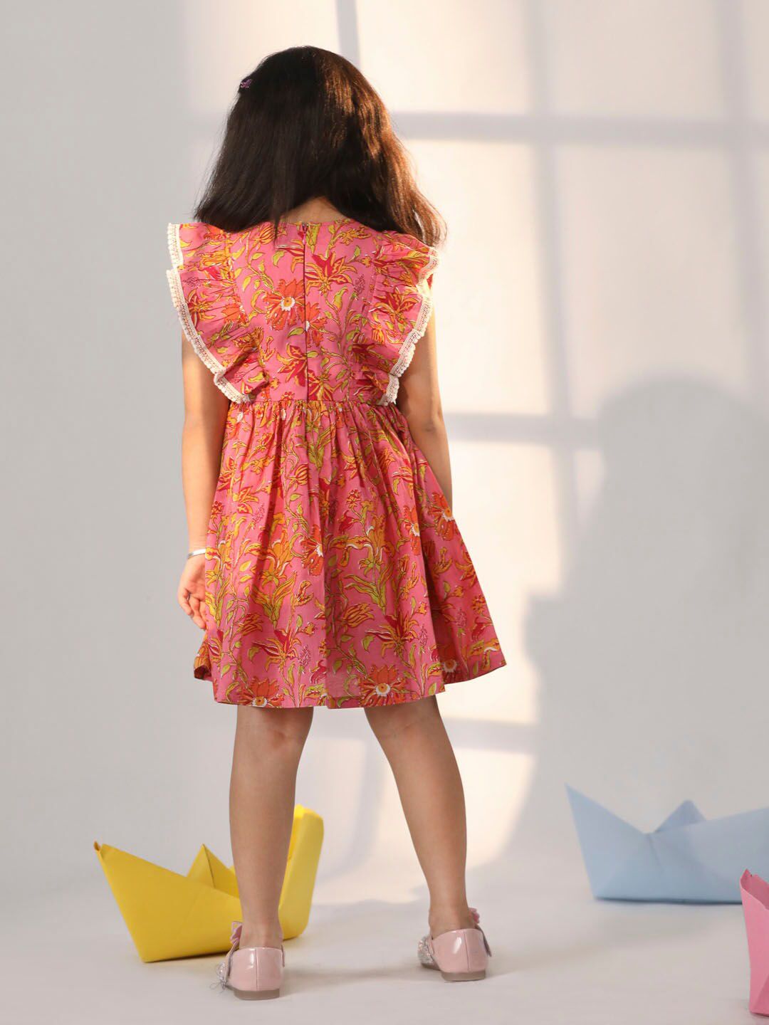 VASTRAMAY Girls Floral Printed Sleeveless Ruffles Detail Cotton Fit and Flare Dress