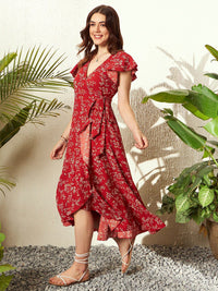 Berrylush Floral Printed V-Neck Flutter Sleeves Tie-Ups Midi Wrap Dress