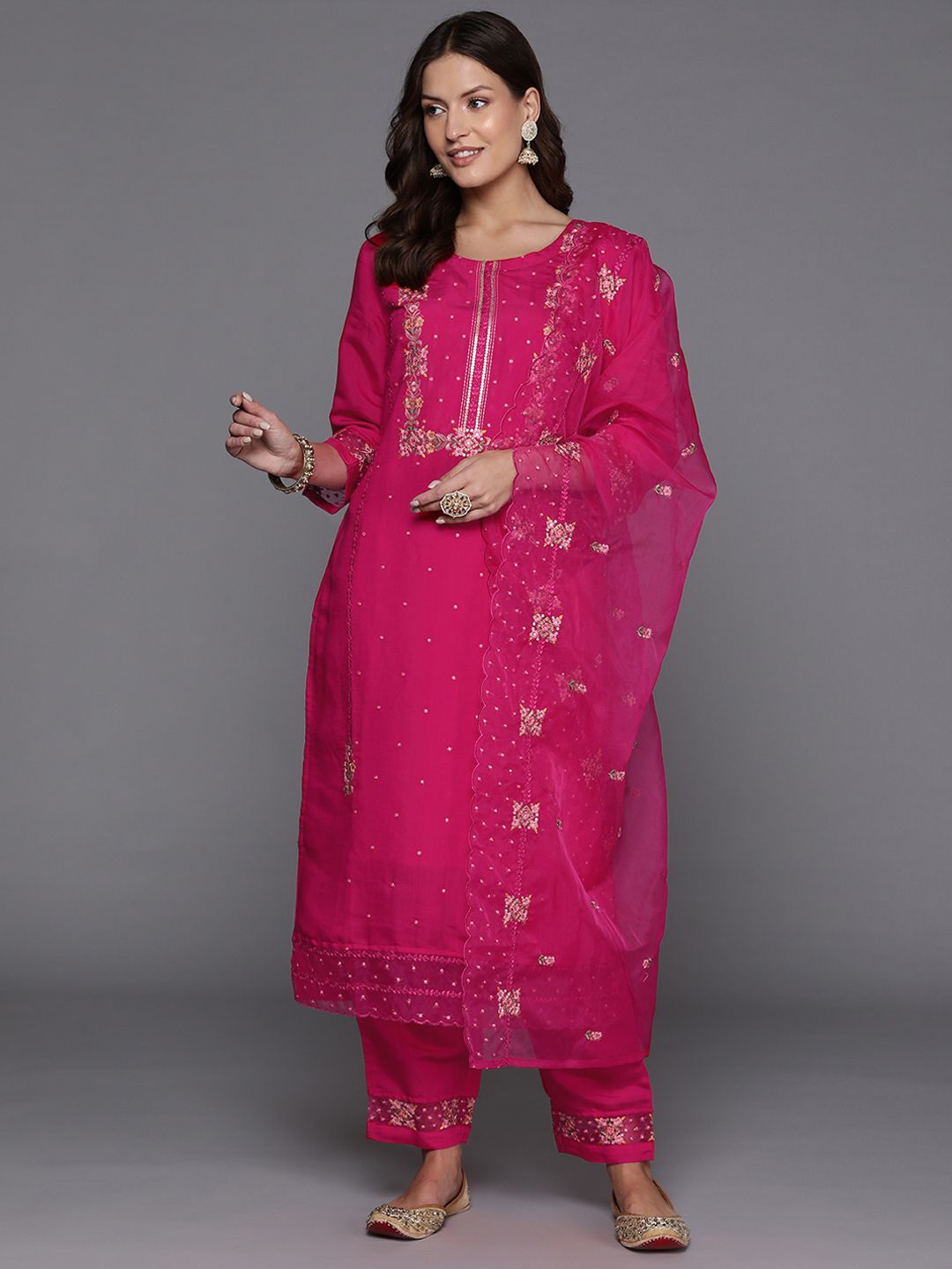 Indo Era Women Floral Yoke Design Regular Sequinned Kurta with Trousers & Dupatta