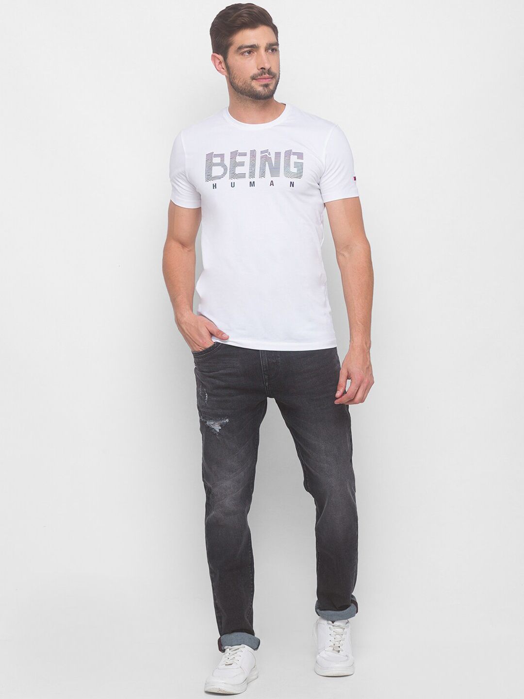 Being Human Men Black Slim Straight Fit Low Distress Heavy Fade Jeans