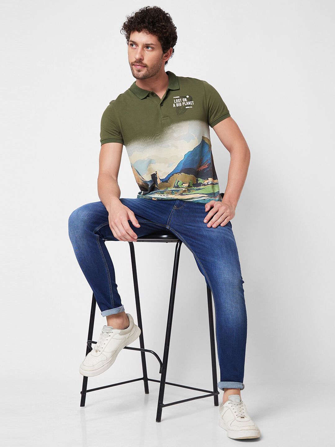 SPYKAR Graphic Printed Polo Collar Pure Cotton Slim Fit T-shirt