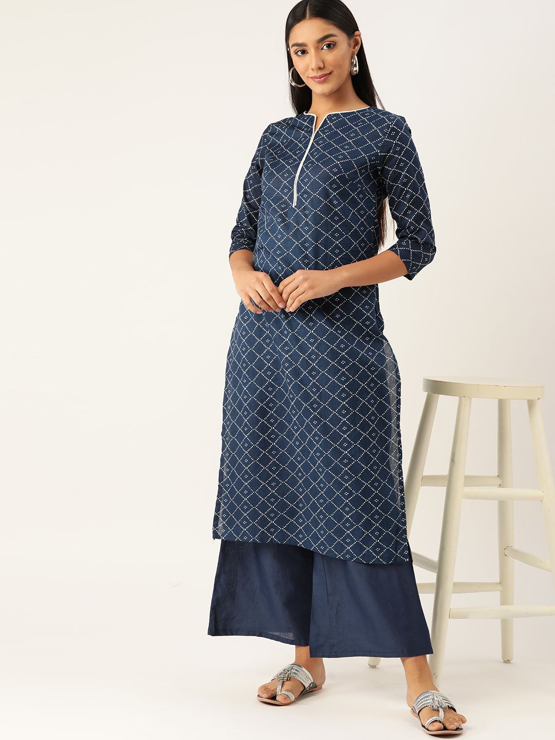 Anouk Women Teal Blue & Off White Printed Pure Cotton Kurta with Palazzos