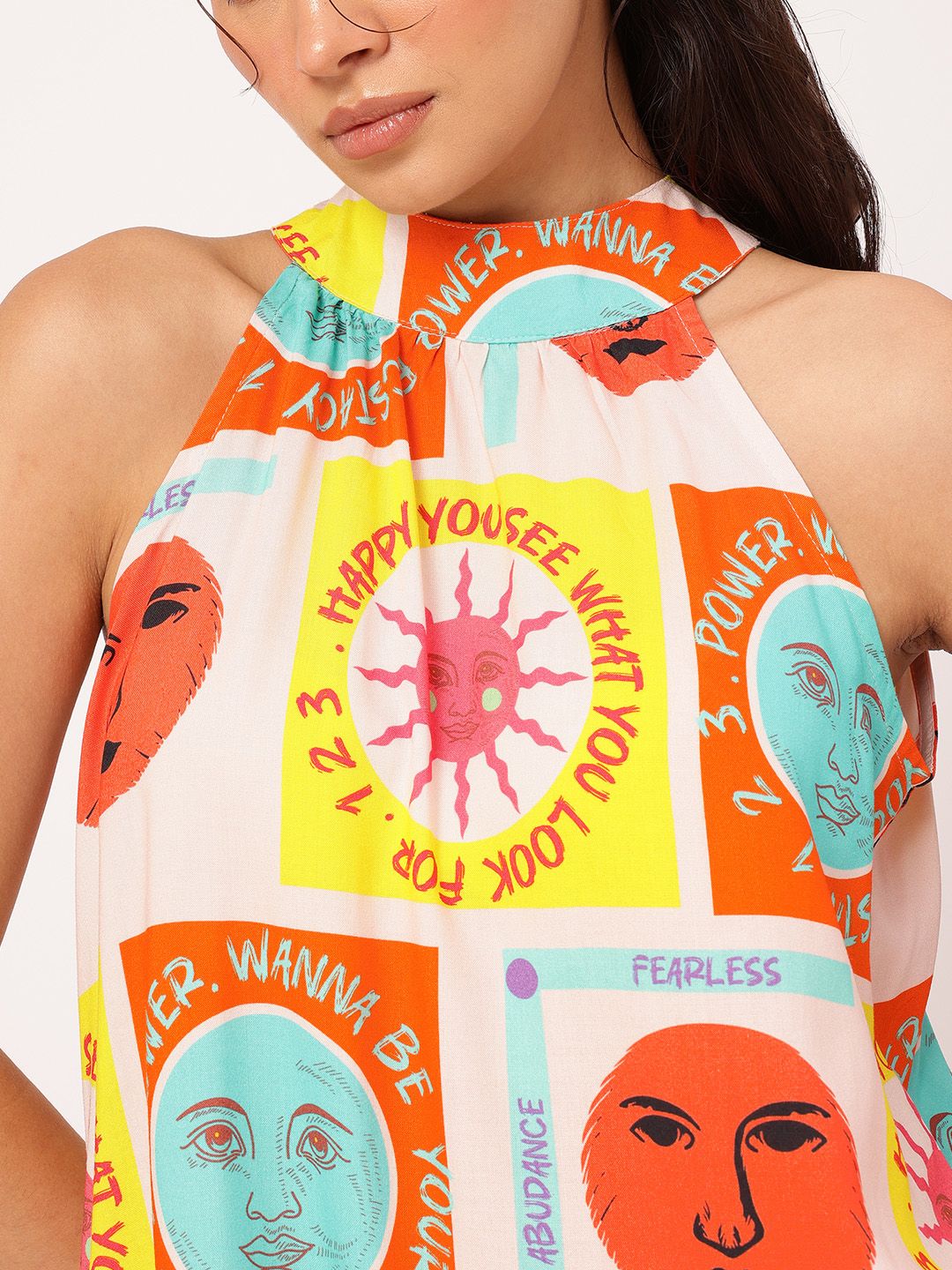 DressBerry Giggle & Glam Quirky Conversational Printed Halter Neck Tie Up Dress