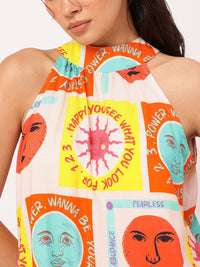 DressBerry Giggle & Glam Quirky Conversational Printed Halter Neck Tie Up Dress