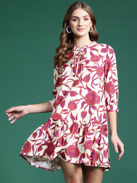 DressBerry Floral Print Tie-Up Neck Puff Sleeve A-Line Dress