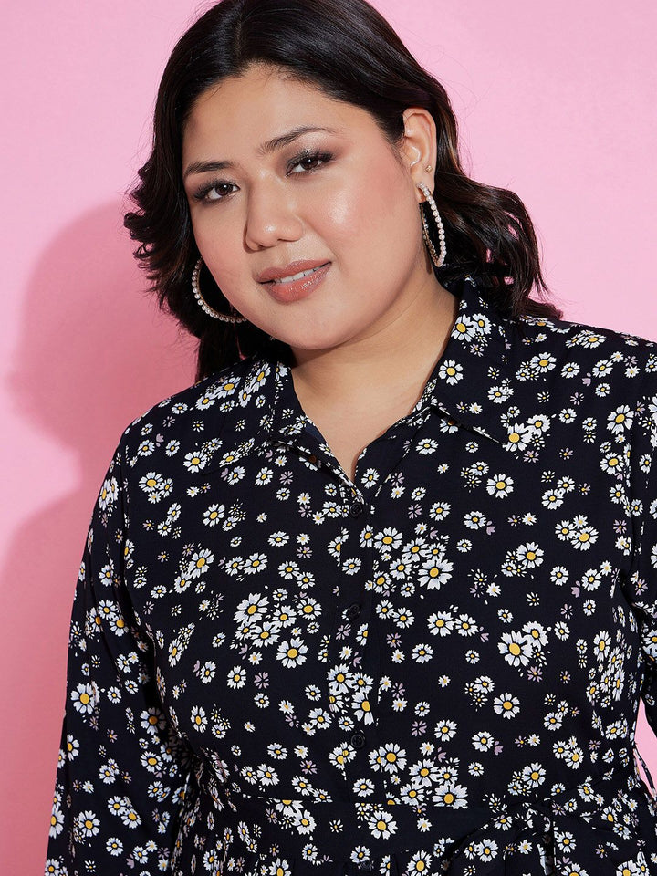 SASSAFRAS Curve Black Plus Size Floral Printed Shirt Collar Belted Shirt Midi Dress