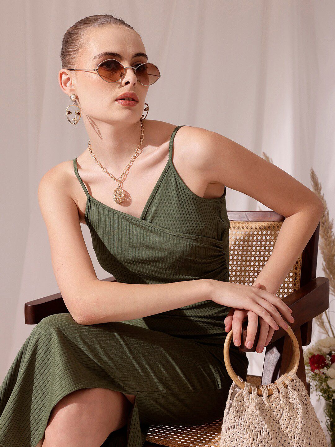 STREET 9 Shoulder Strap V Neck Sheath Midi Dress