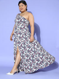 Berrylush Curve Floral Print One Shoulder Crepe Maxi Dress