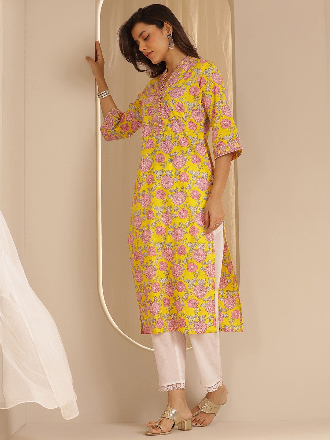 Libas Floral Printed V Neck Cotton Straight Kurta
