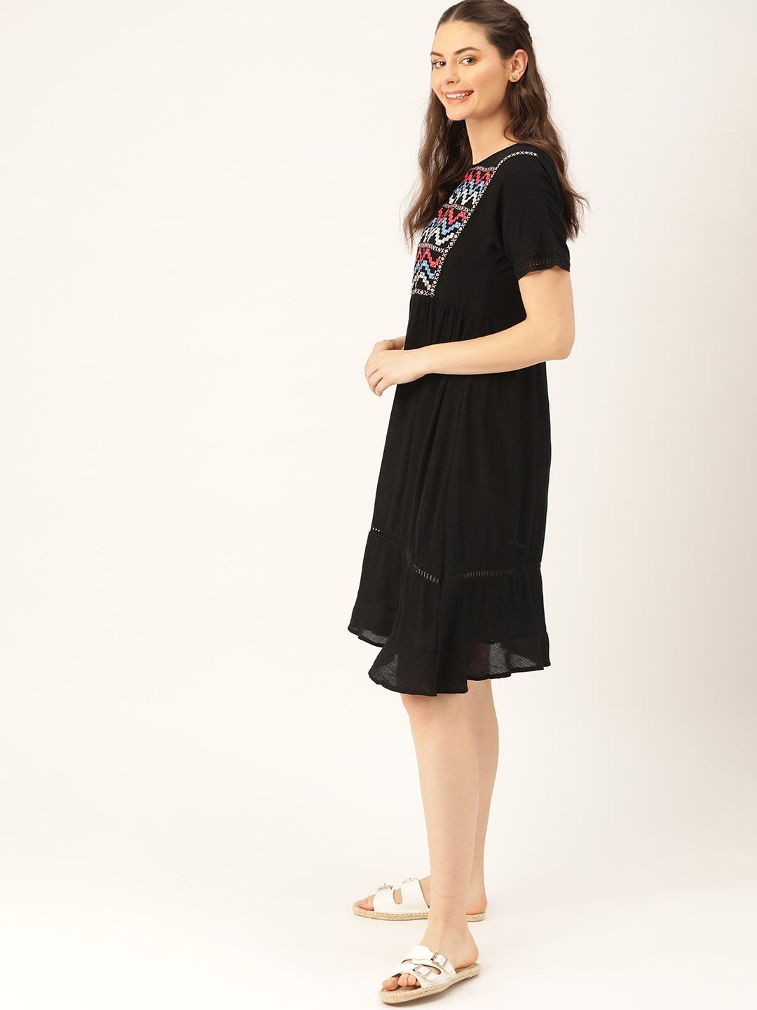 DressBerry Black Embroidered Detail A-Line Dress