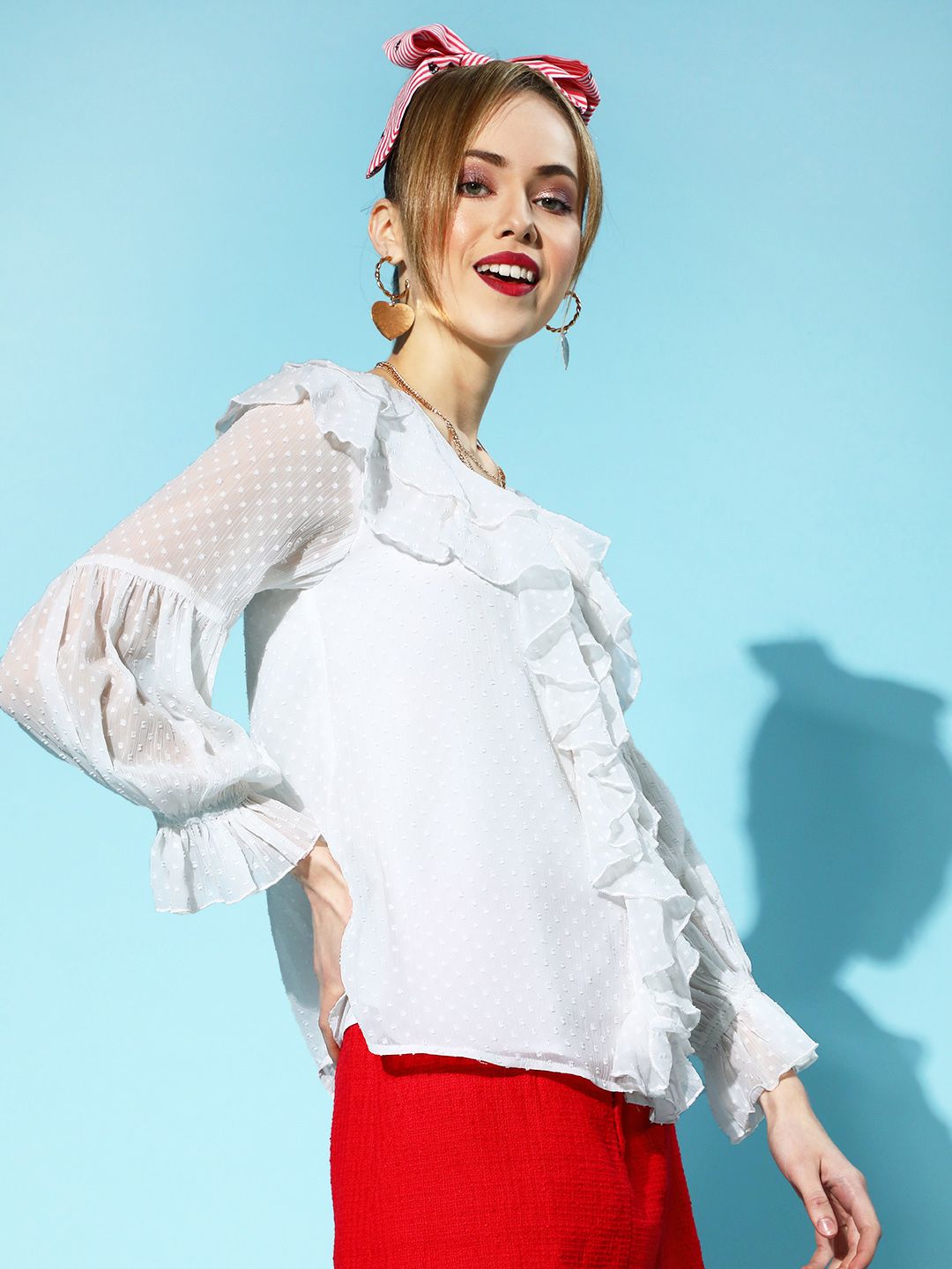 Antheaa Women Classic White Self-Design Ruffled Top