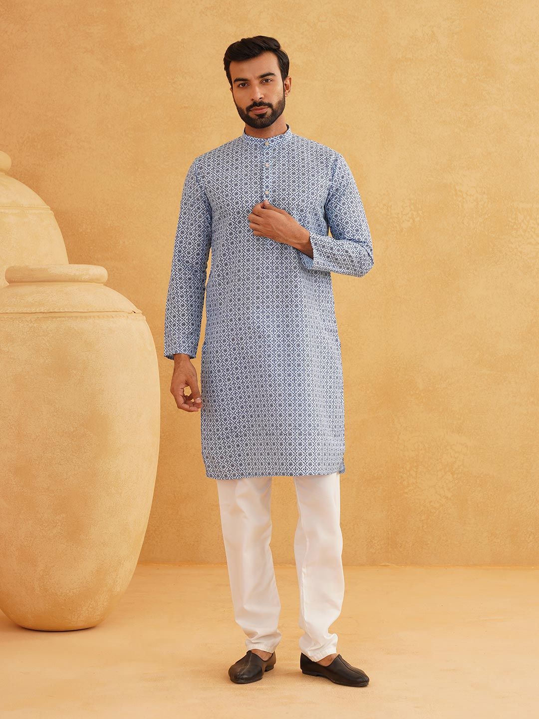 SOJANYA Men Geometric Printed Cotton Linen Kurta