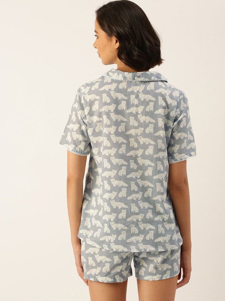 SANSKRUTIHOMES Women Grey & Off White Pure Cotton Printed Shorts Set