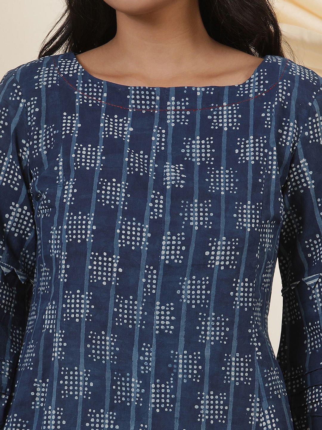 Folk Song  Geometric Printed Sequinned Puff Sleeves A-Line Kurta