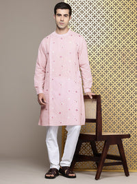 House of Pataudi Floral Embroidered Band Collar Pure Cotton Jashn Kurta