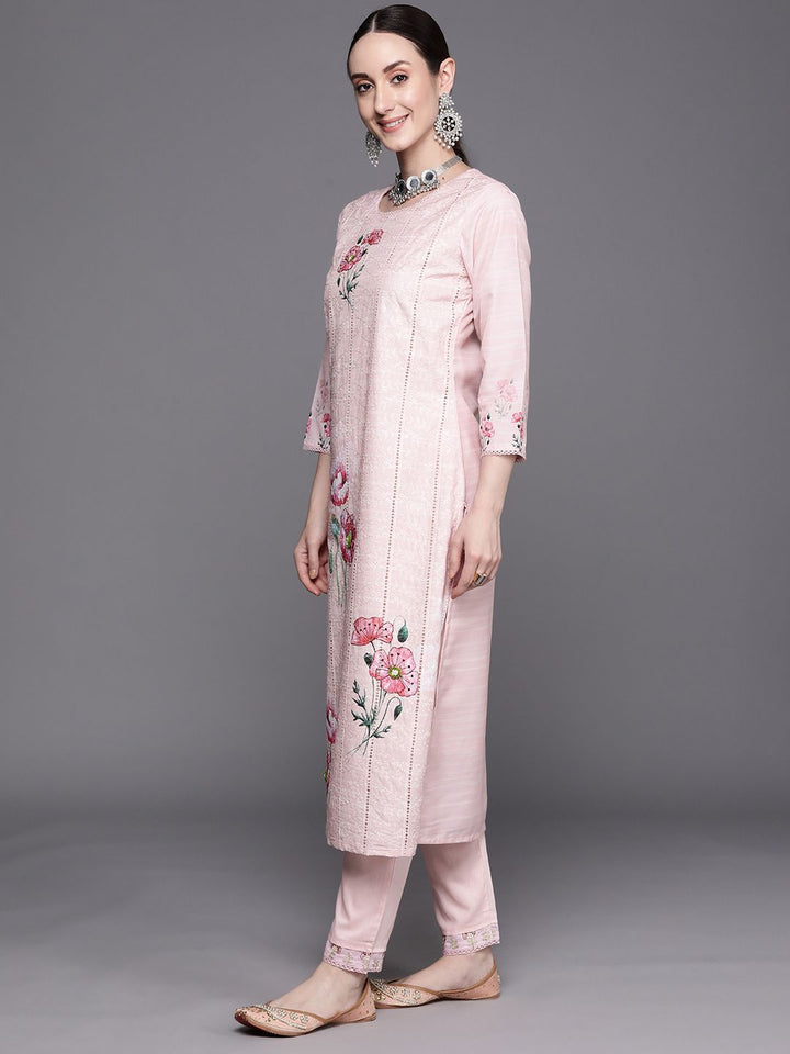 Indo Era Floral Embroidered Regular Thread Work Pure Cotton Kurta With Trousers & Dupatta