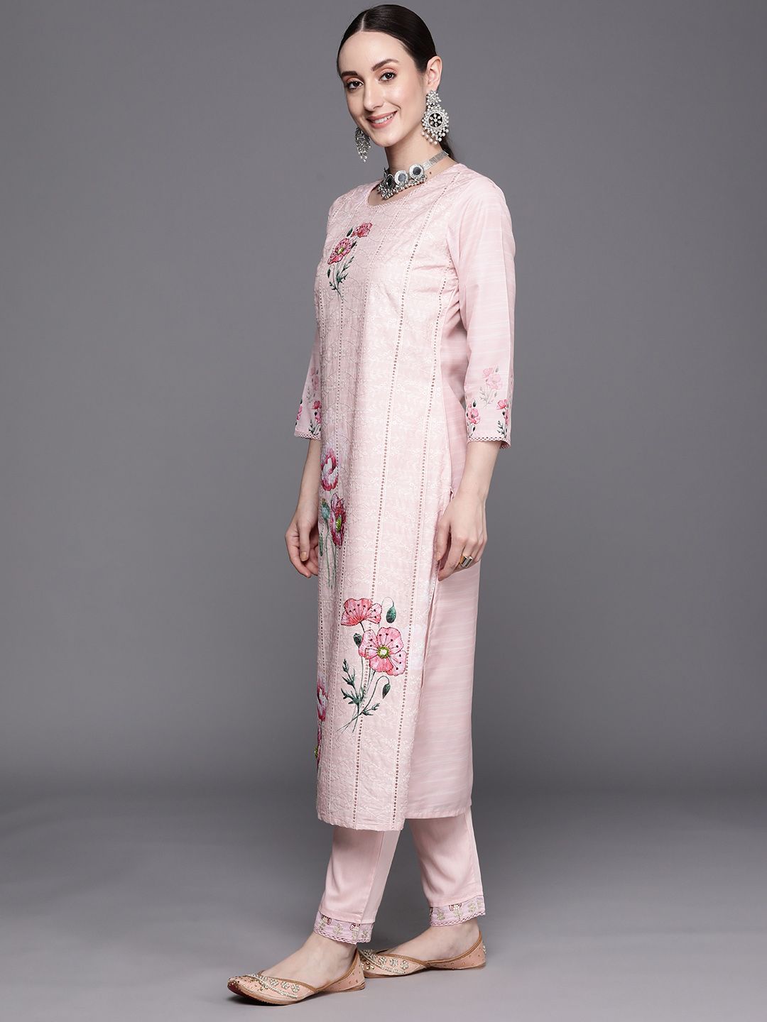 Indo Era Floral Embroidered Regular Thread Work Pure Cotton Kurta With Trousers & Dupatta