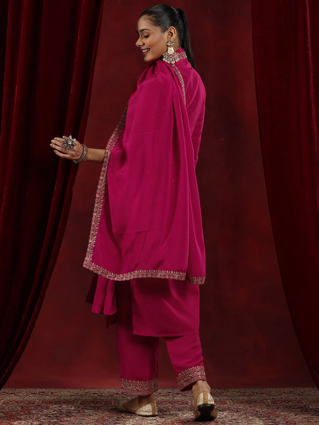Libas Pink Floral Yoke Design Mandarin Collar Dobby Weave Kurta with Trousers & Dupatta