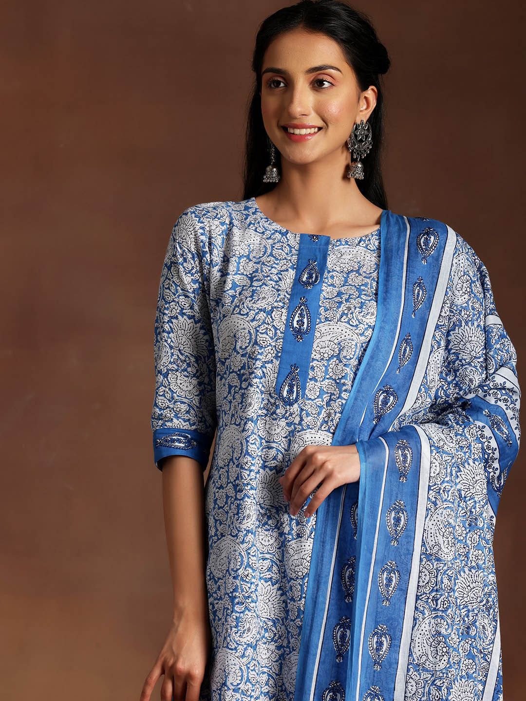 Libas Blue Floral Printed Round Neck Pure Cotton Straight Kurta With Salwar & Dupatta