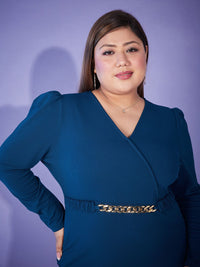 SASSAFRAS Plus Size V-Neck Belted Bodycon Dress