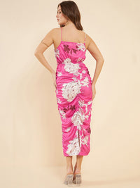 Antheaa Pink Floral Printed Shoulder Straps Gathered Ruched Sheath Midi Dress & Blazer