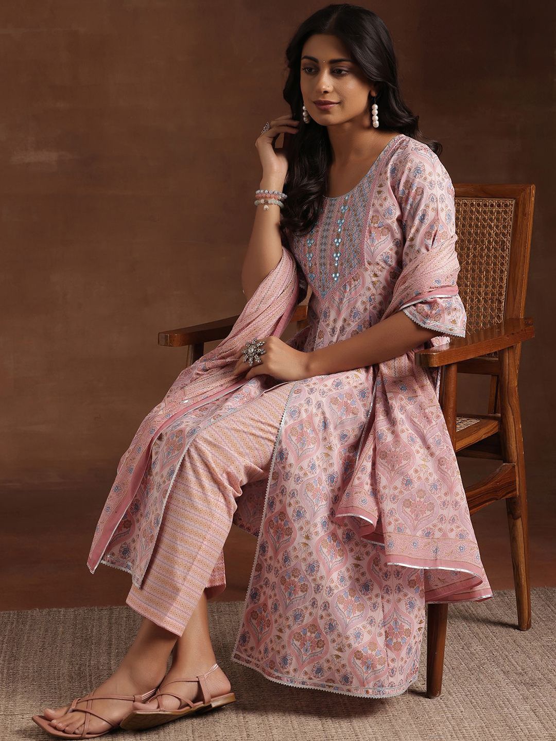 Libas Floral Printed Panelled Gotta Patti Pure Cotton Kurta with Palazzos & Dupatta