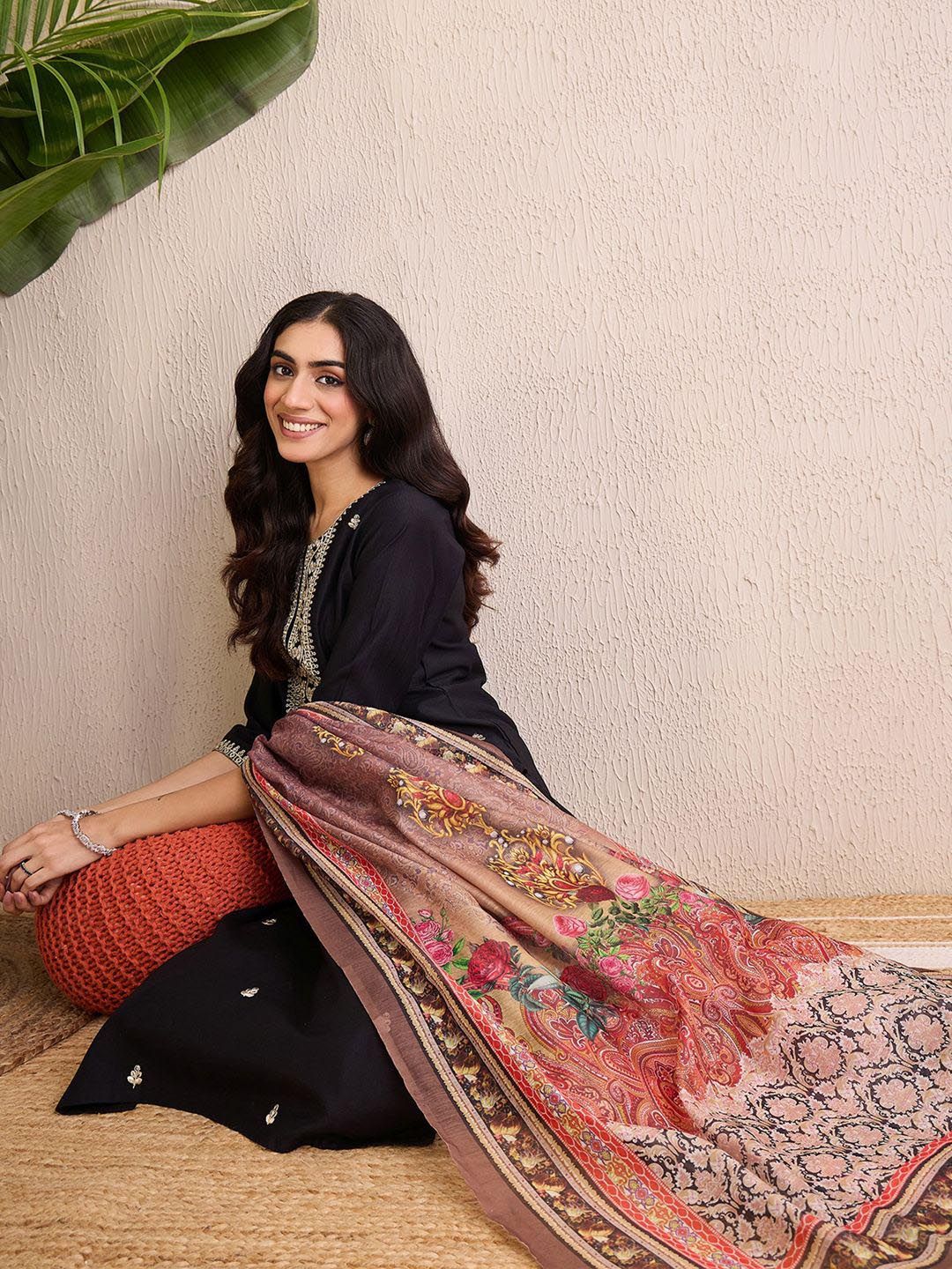 Indo Era Women Ethnic Motifs Embroidered Regular Liva Kurta with Trousers & With Dupatta