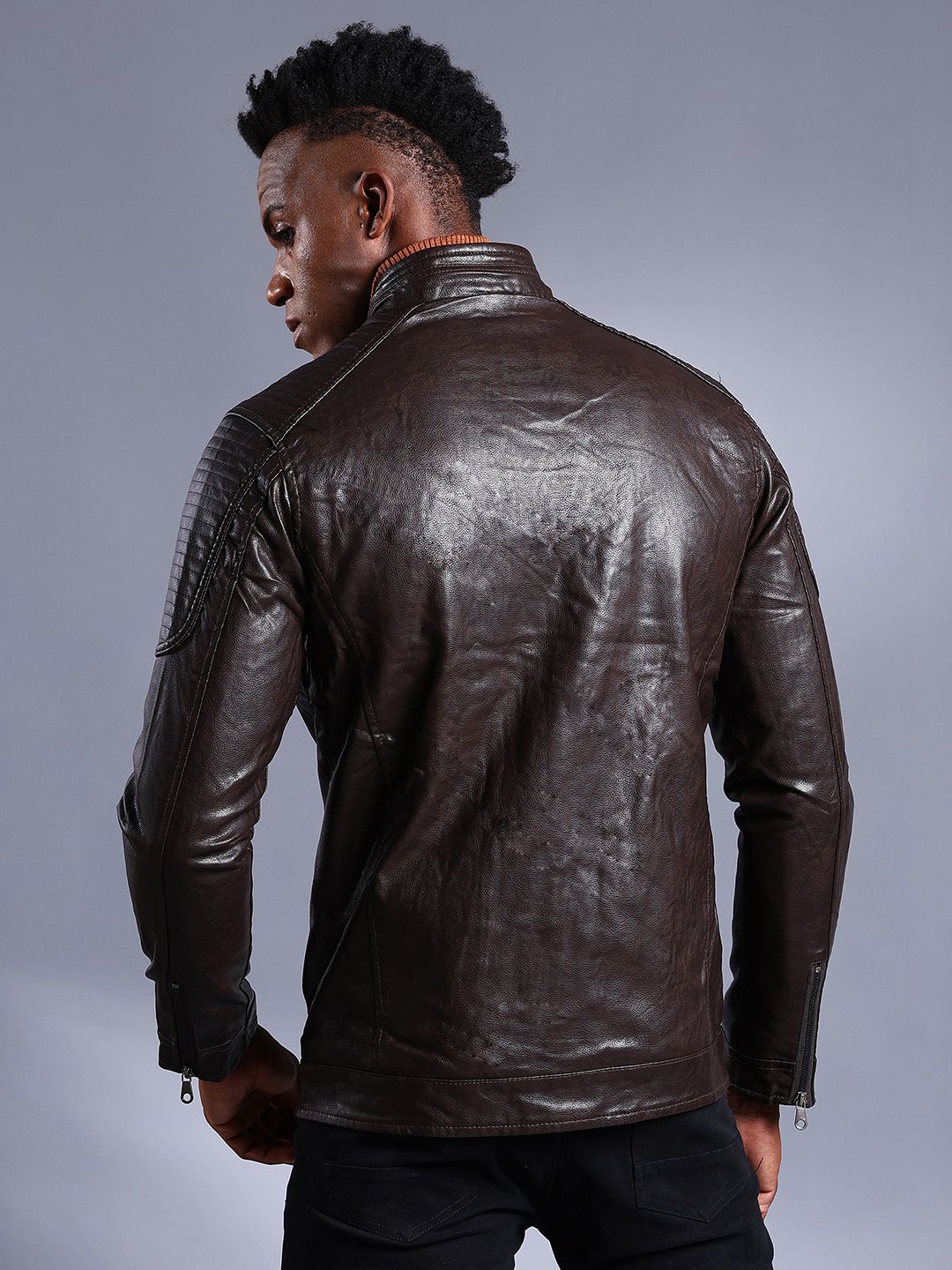 The Indian Garage Co Men Brown Solid Faux Biker Jacket