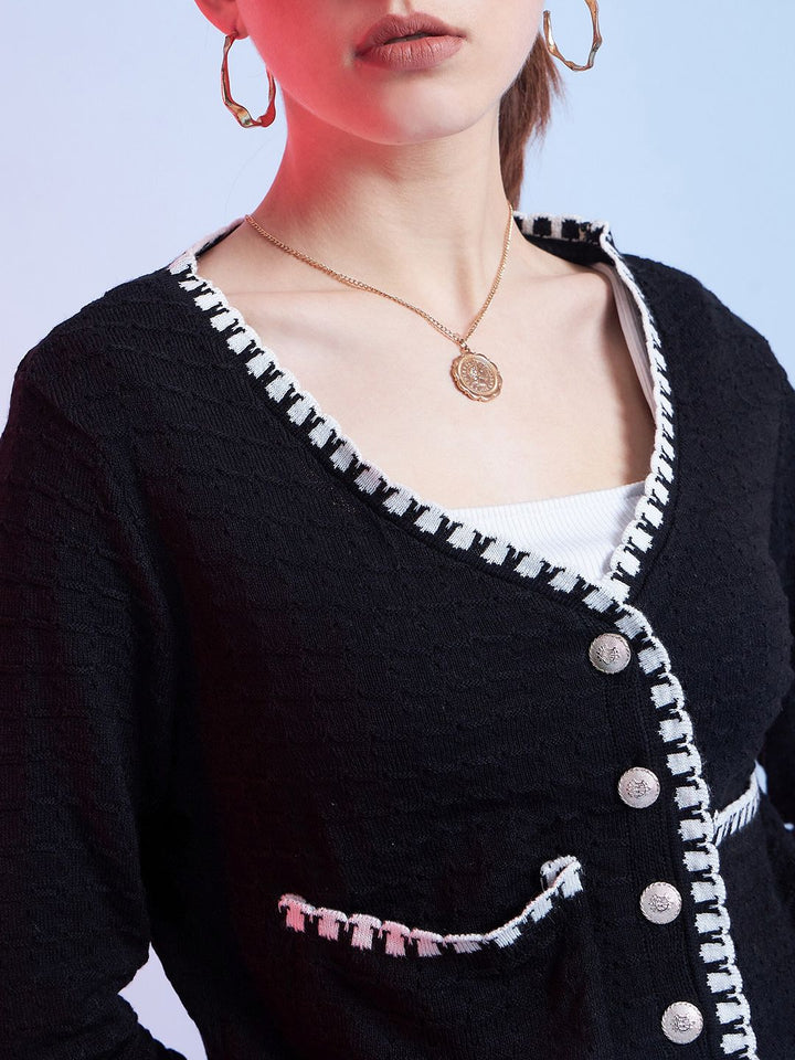 STREET 9 Black & White Self Design V-Neck Acrylic Cardigan Sweater