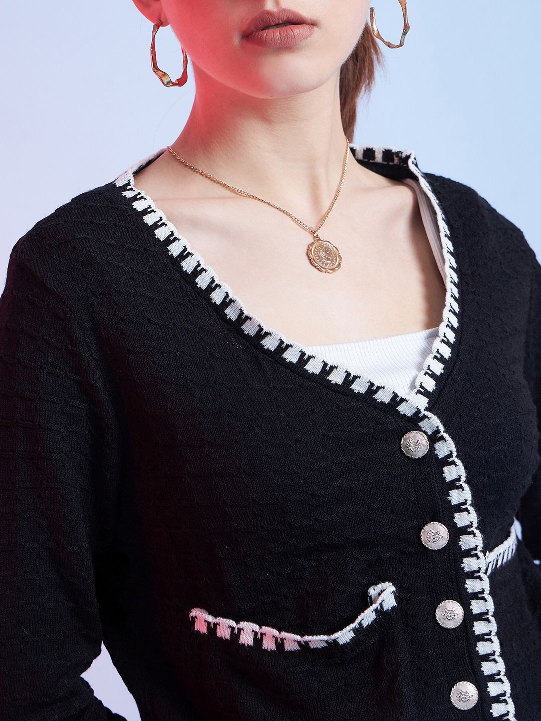 STREET 9 Black & White Self Design V-Neck Acrylic Cardigan Sweater