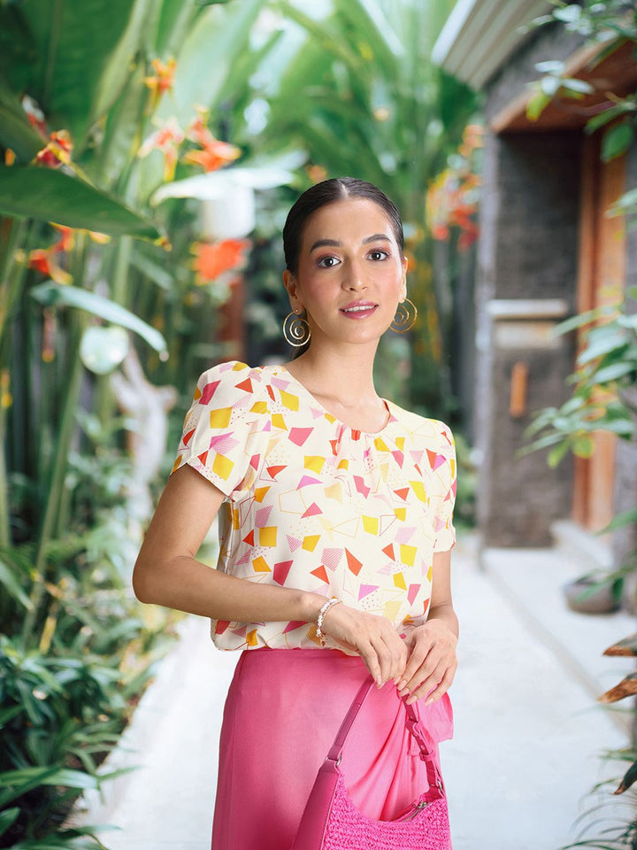 DressBerry White & Pink Geometric Printed Puff Sleeves Top